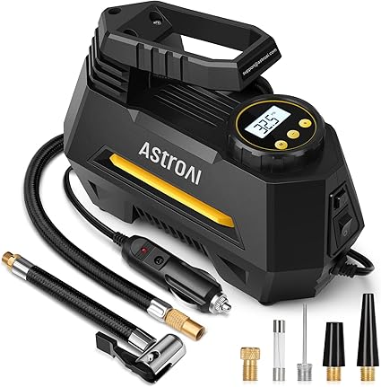 AstroAI Tire Inflator Portable Air Compressor Tire Air Pump for Car Tires - Car Accessories, 9.8Ft Cord-12V DC Auto Pump with Digital Pressure Gauge, Emergency LED Light for Bicycle, Balloons, Yellow