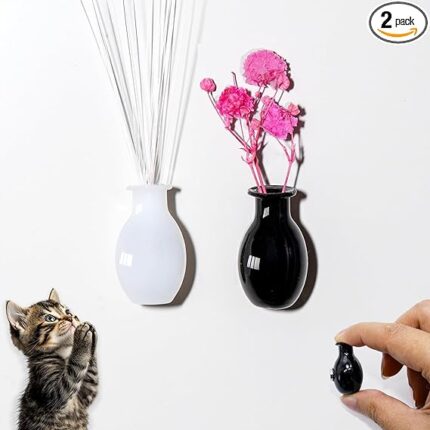 Nuvretk 2PCS Cat Whisker Holder – Mini Vase Magnets for Fridge with Magnetic Backing for Keepsake or Dried Flower Display（Black and White）